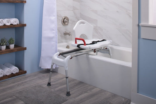 Sliding, swiveling, and rolling bath seats compared for safer shower and tub transfers