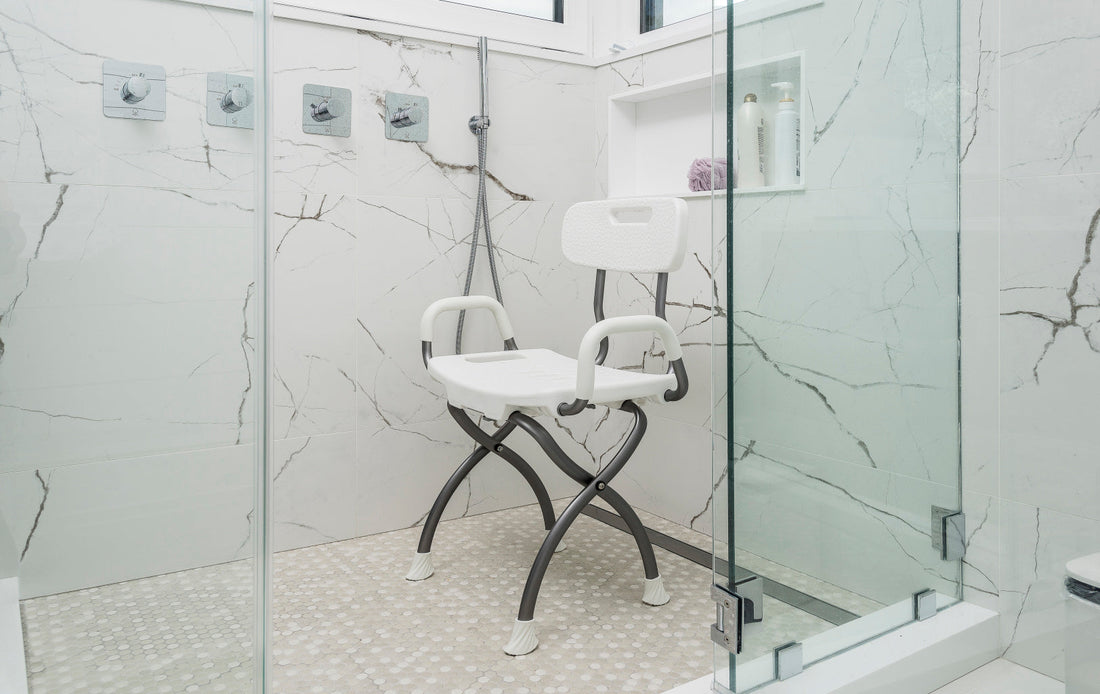 Shower chair in a safe bathroom for aging in place